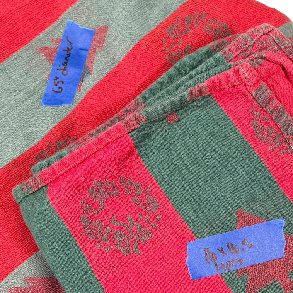 Red Green Striped Christmas Tablecloth Napkin Set Hand Woven Holiday Trees